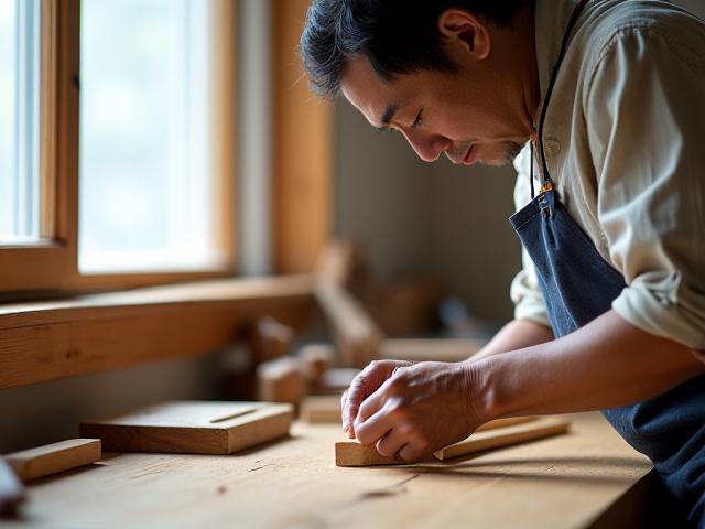 Batta Craftの職人が木材を丁寧に削る様子