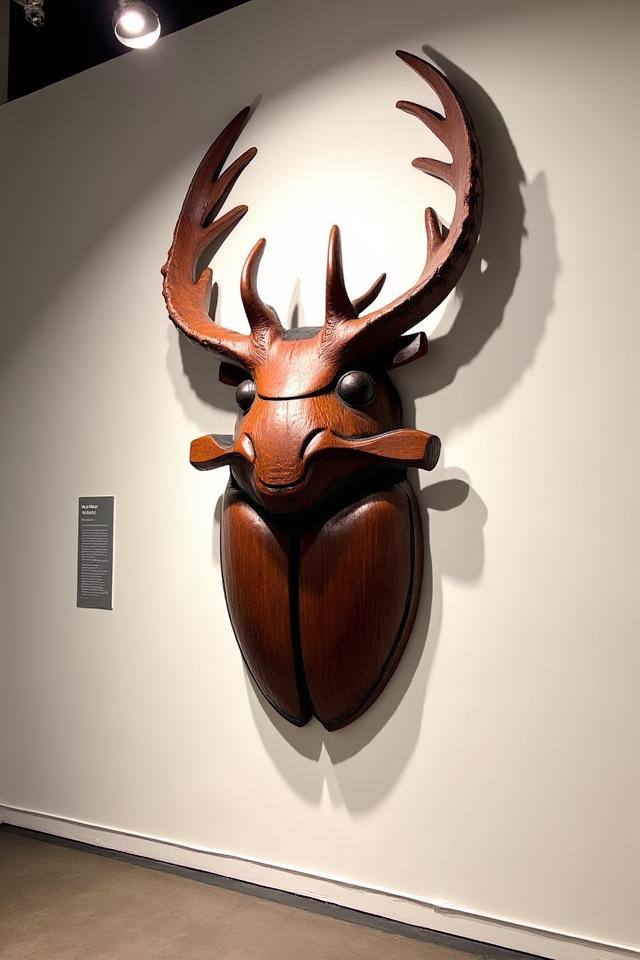 木製のカブトムシのアートインスタレーション