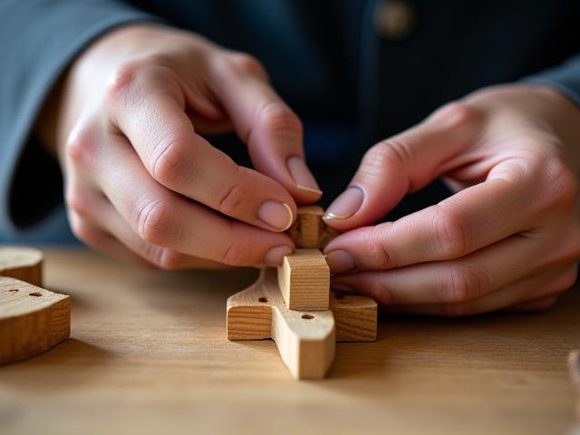 伝統的な木工技術で intricate な木製ジョイントを作り上げる職人のクローズアップ