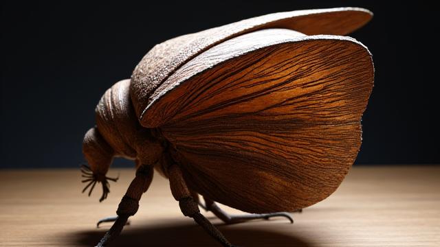 バッタの羽のディテールを模した木彫りの抽象芸術作品