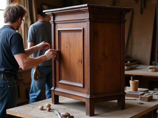 修復中のアンティーク木製キャビネット